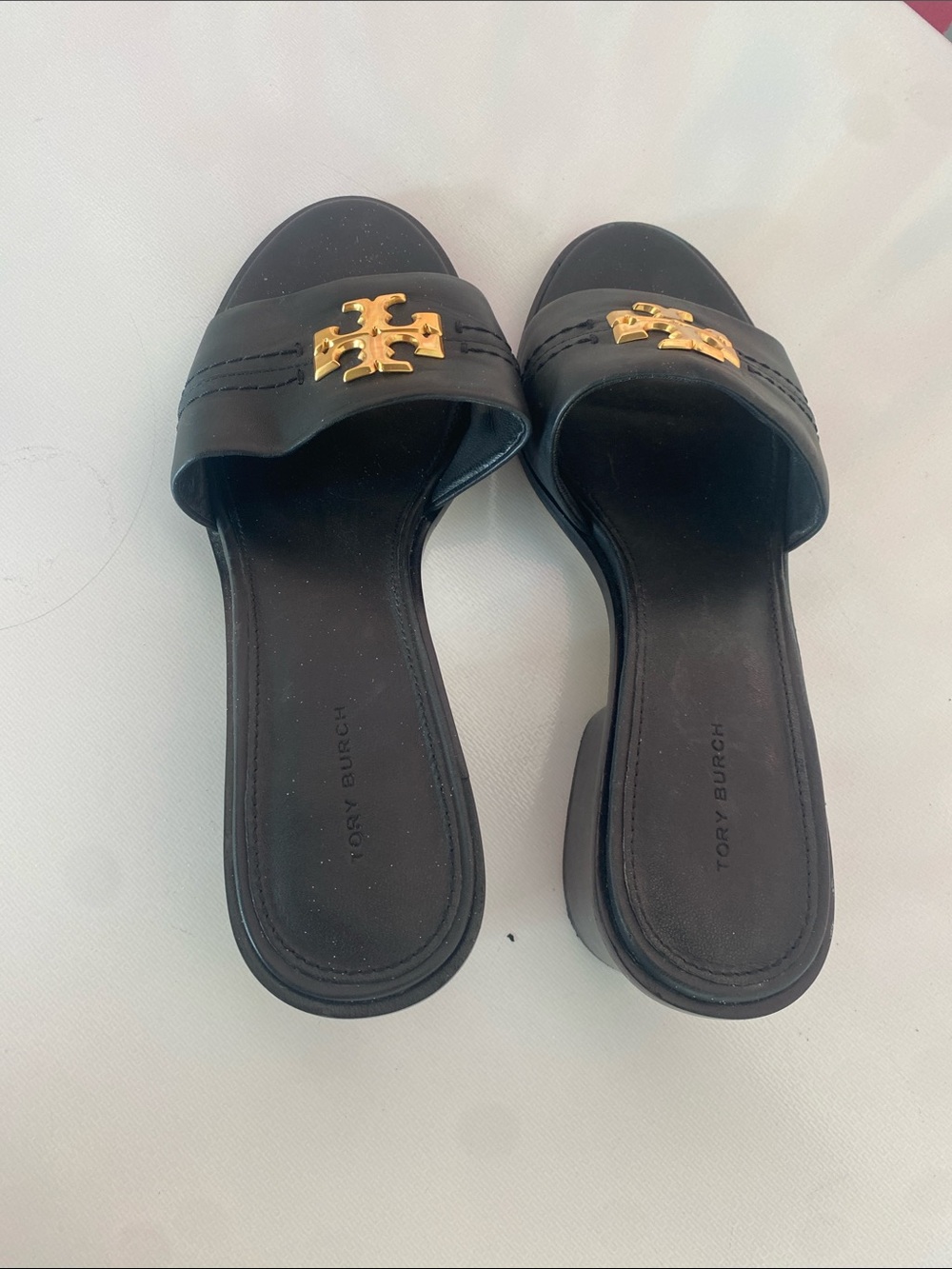 Tory Burch Black Slide Sandals w Gold Logo Accent. Size 10.5. Great condition.